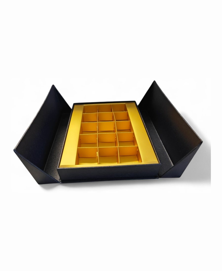 Black gatefold box with gold tray