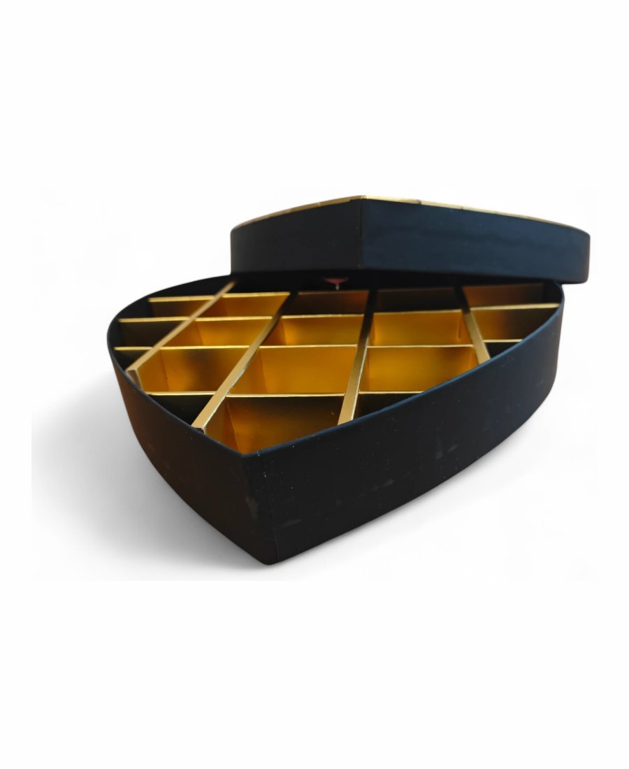 Black heart box with gold-lined cells